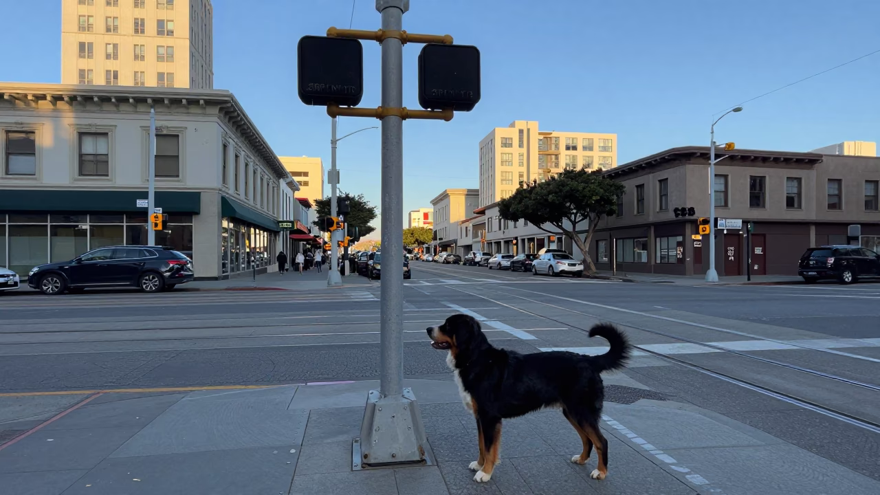 San Francisco Blue Hour Street Scene with Dog and Signal Gantry in in San Francisco, California, United States