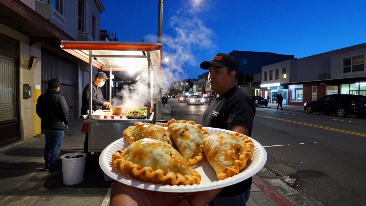 San Francisco Blue Hour Street Scene with Empanadas and Chimichurri Plate in in San Francisco, California, United States