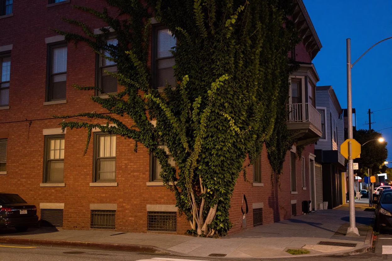 San Francisco Blue Hour Street Scene with Ivy and Urban Details in in San Francisco, California, United States