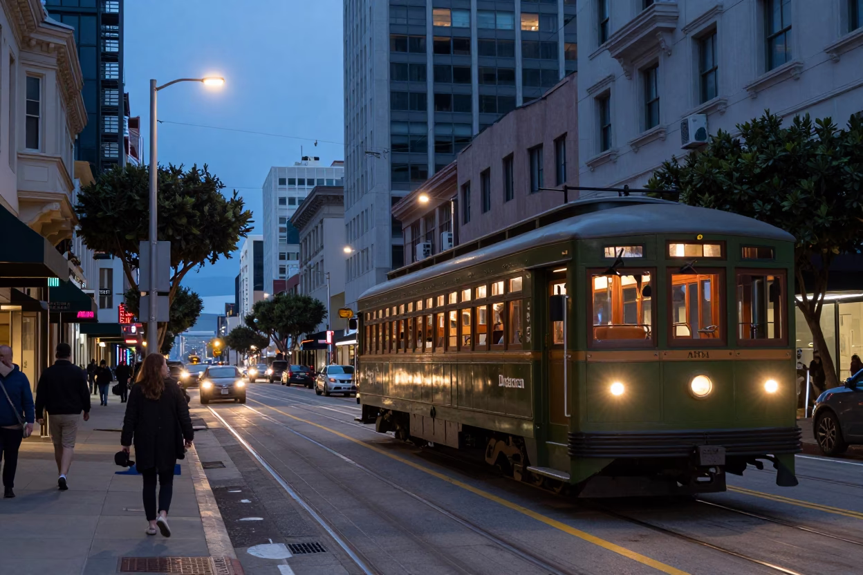San Francisco Blue Hour Street Scene with Narrow Gauge Train and Urban Infrastructure in in San Francisco, California, United States