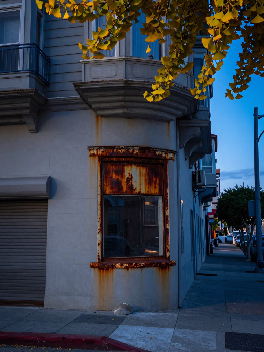 San Francisco Blue Hour Street Scene with Rusty Window and Ginkgo Leaves in in San Francisco, California, United States