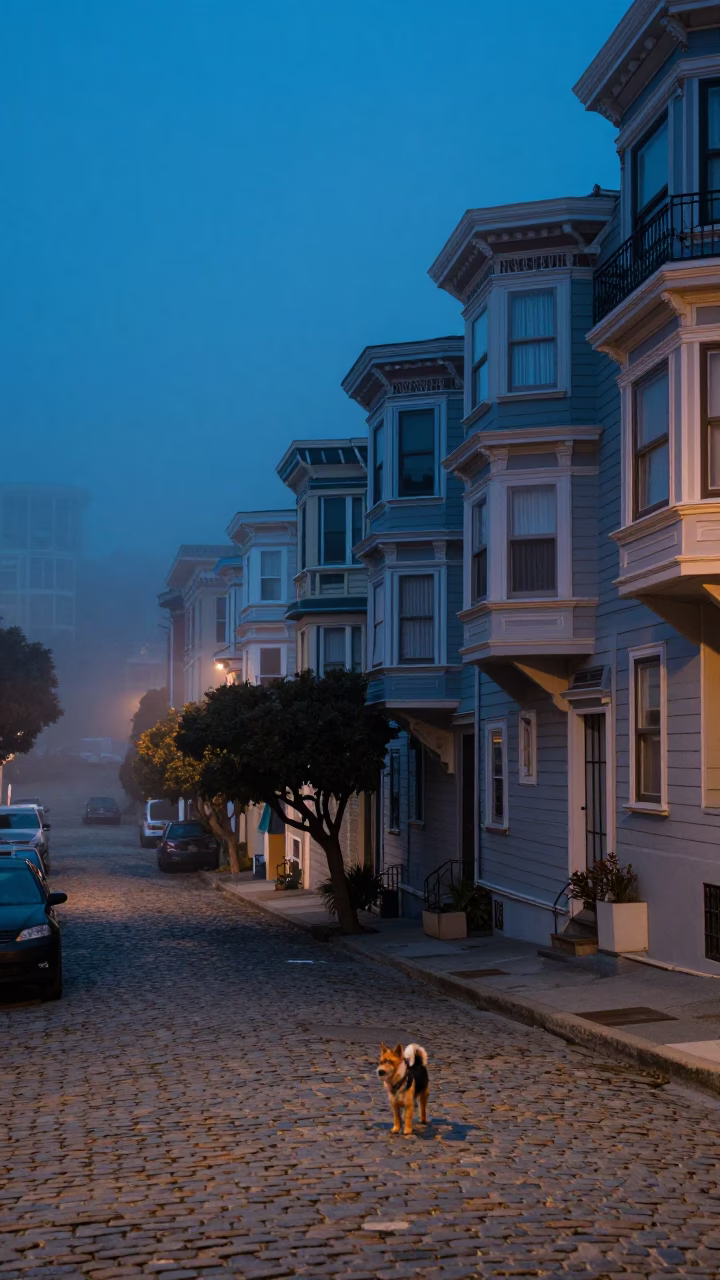 San Francisco Blue Hour Street Scene with Toy Fox Terrier and Urban Details in in San Francisco, California, United States