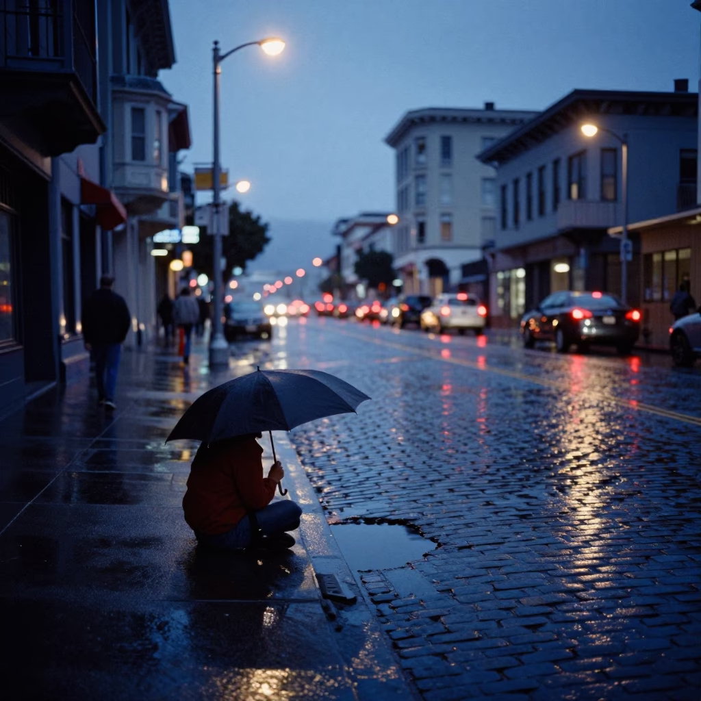 San Francisco Blue Hour Street Scene with Umbrella and Pothole Reflections in in San Francisco, California, United States