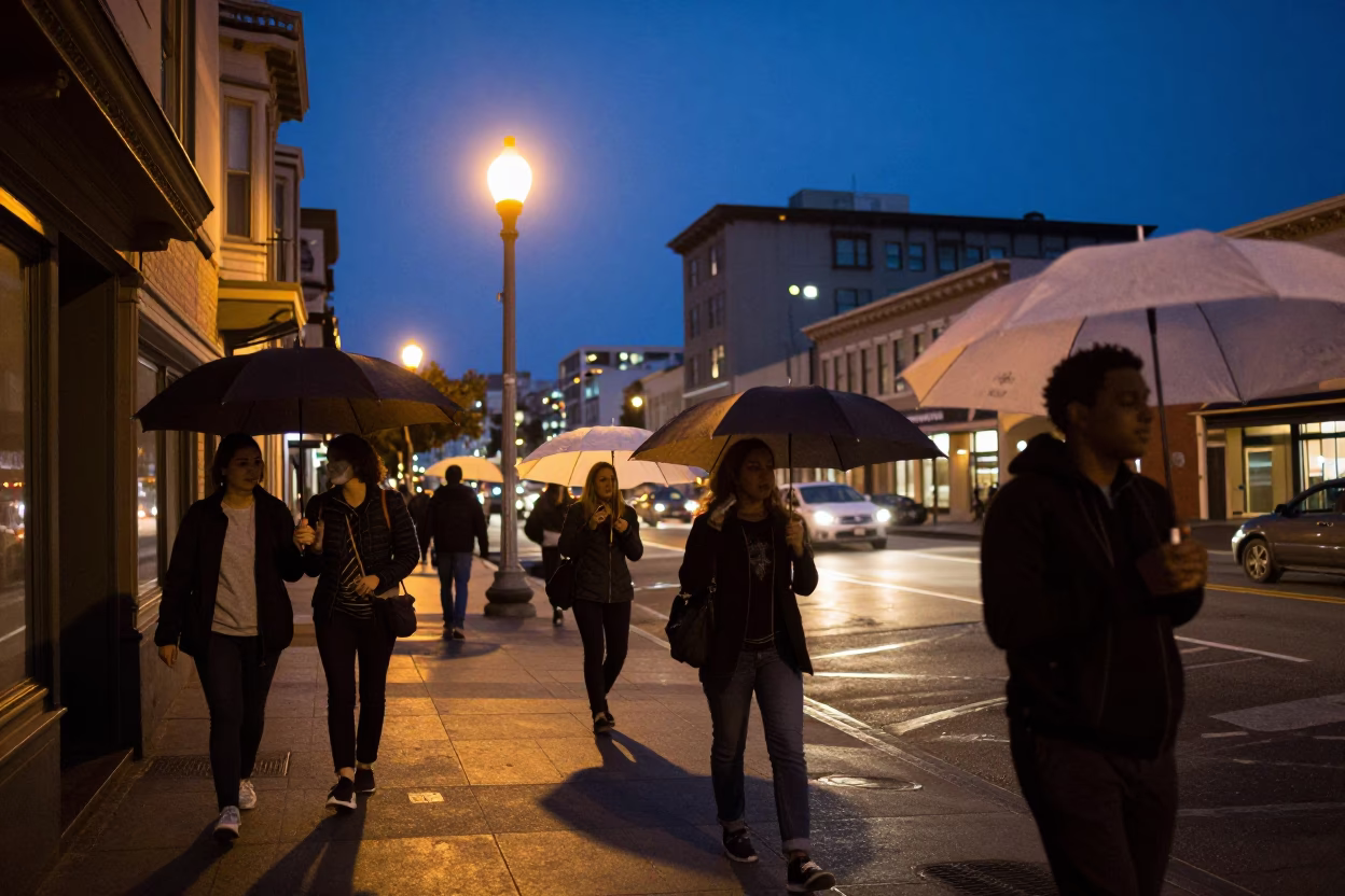 San Francisco Blue Hour Street Scene with Umbrellas and City Lights in in San Francisco, California, United States