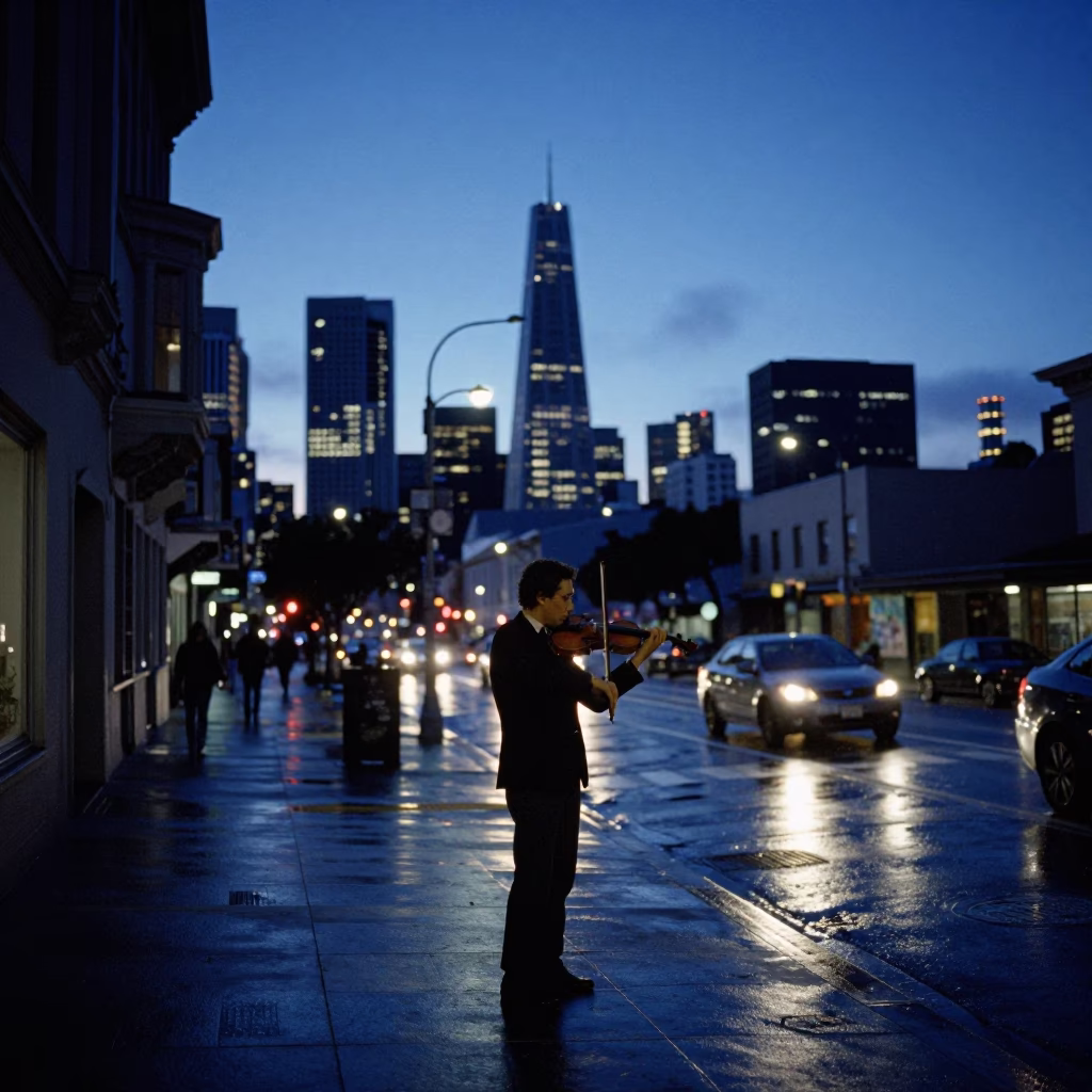 San Francisco Blue Hour Street Scene with Violinist and City Lights in in San Francisco, California, United States