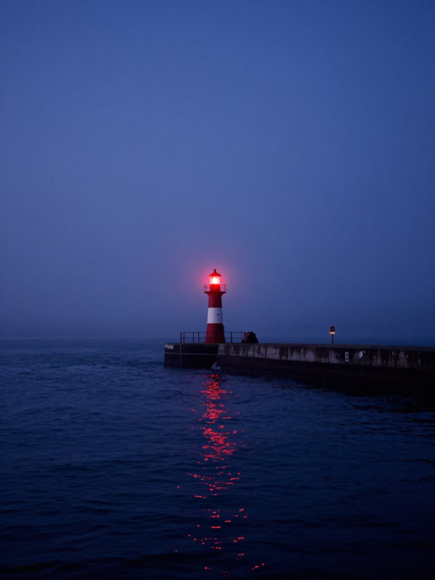 San Francisco Breakwater Beacon Blinking Through Sea Mist Before Sunrise in in San Francisco, California, United States