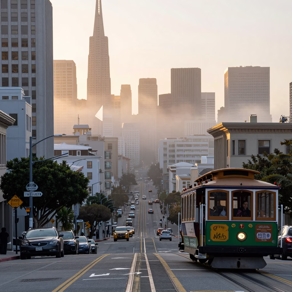 San Francisco Cable Car at Dawn with Fog and City Skyline View in in San Francisco, California, United States