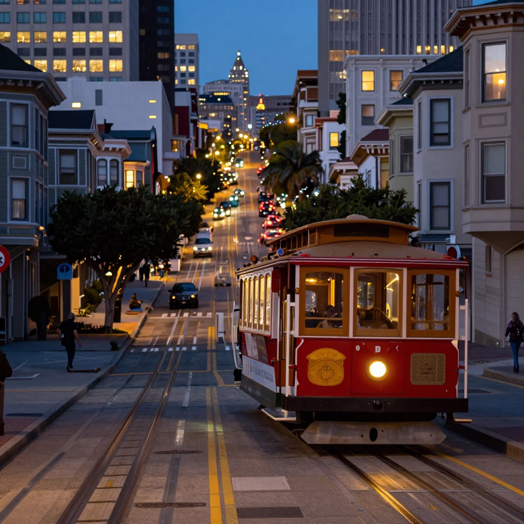 San Francisco Cable Car Climb at Dusk with City Lights and Urban Activity in in San Francisco, California, United States