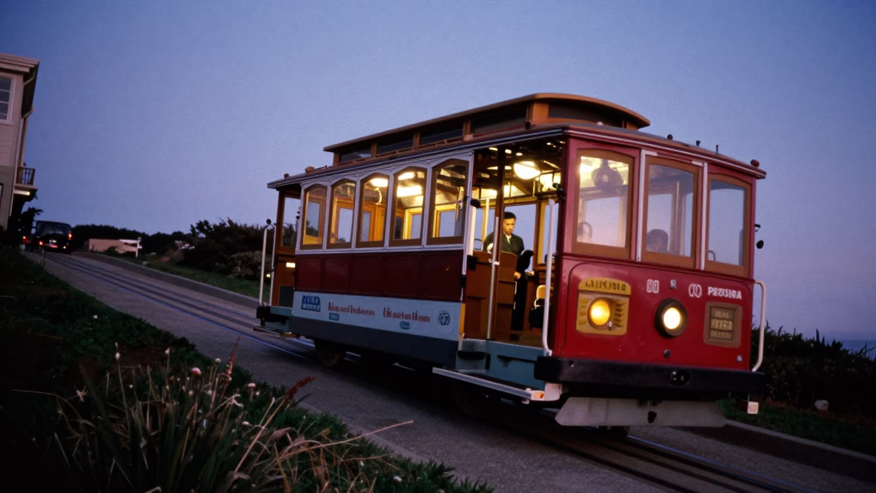 San Francisco Cable Car Climbing Hill in Indigo Twilight with String Lights in in San Francisco, California, United States