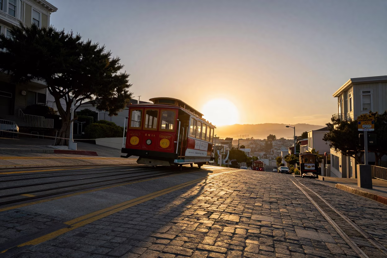 San Francisco Cable Car Climbing Steep Hill at Sunset with City Skyline in in San Francisco, California, United States