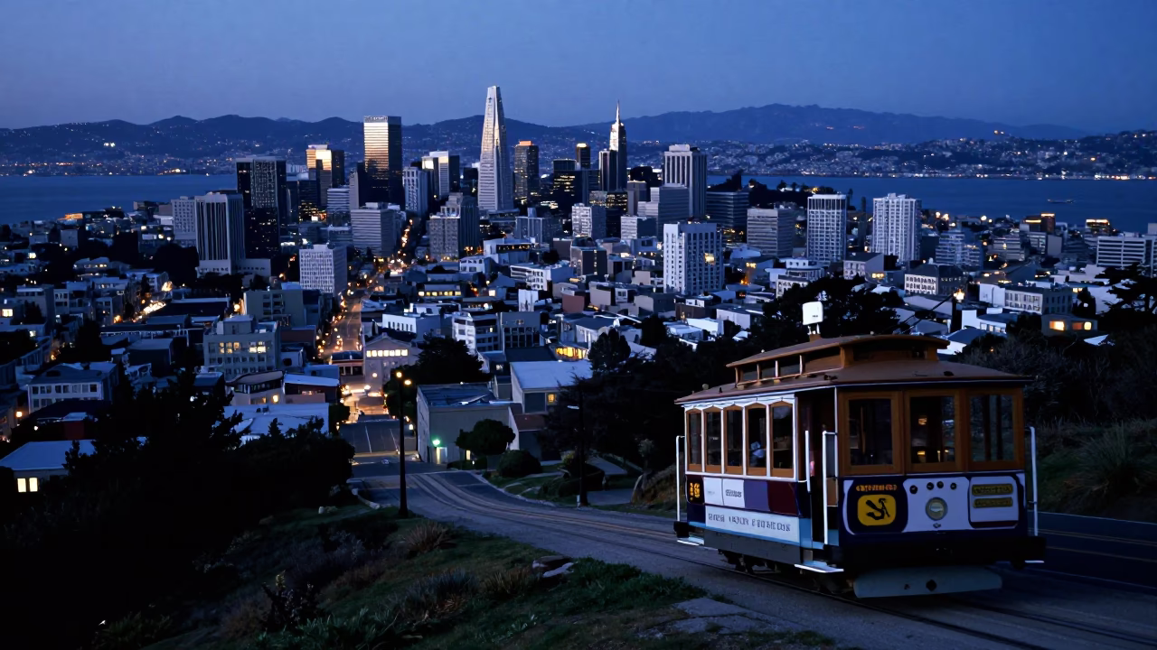 San Francisco Cable Car Climbing Steep Hill Before Dawn with Urban Landscape in in San Francisco, California, United States