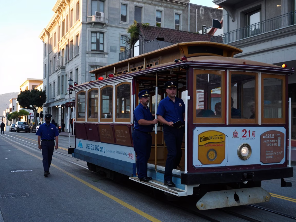 San Francisco Cable Car Crew and Vintage Tram Before Sunrise in in San Francisco, California, United States