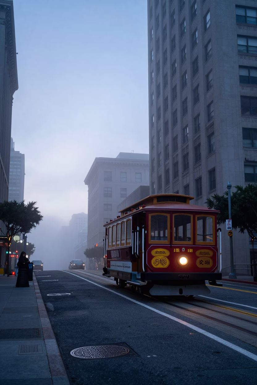 San Francisco Cable Car Crossing Bridge at Dawn with Urban Landscape in in San Francisco, California, United States