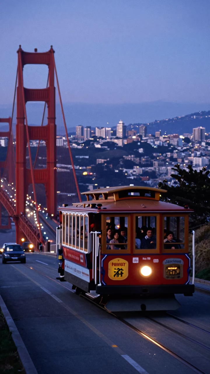 San Francisco Cable Car Crossing Golden Gate Bridge at Blue Hour with City Lights in in San Francisco, California, United States