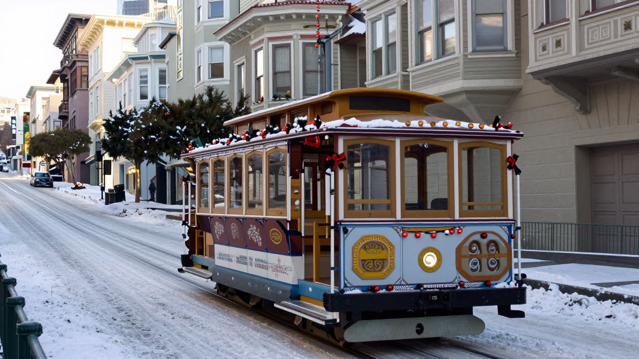 San Francisco Cable Car Holiday Decoration on Snowy Avenue Early Afternoon in in San Francisco, California, United States