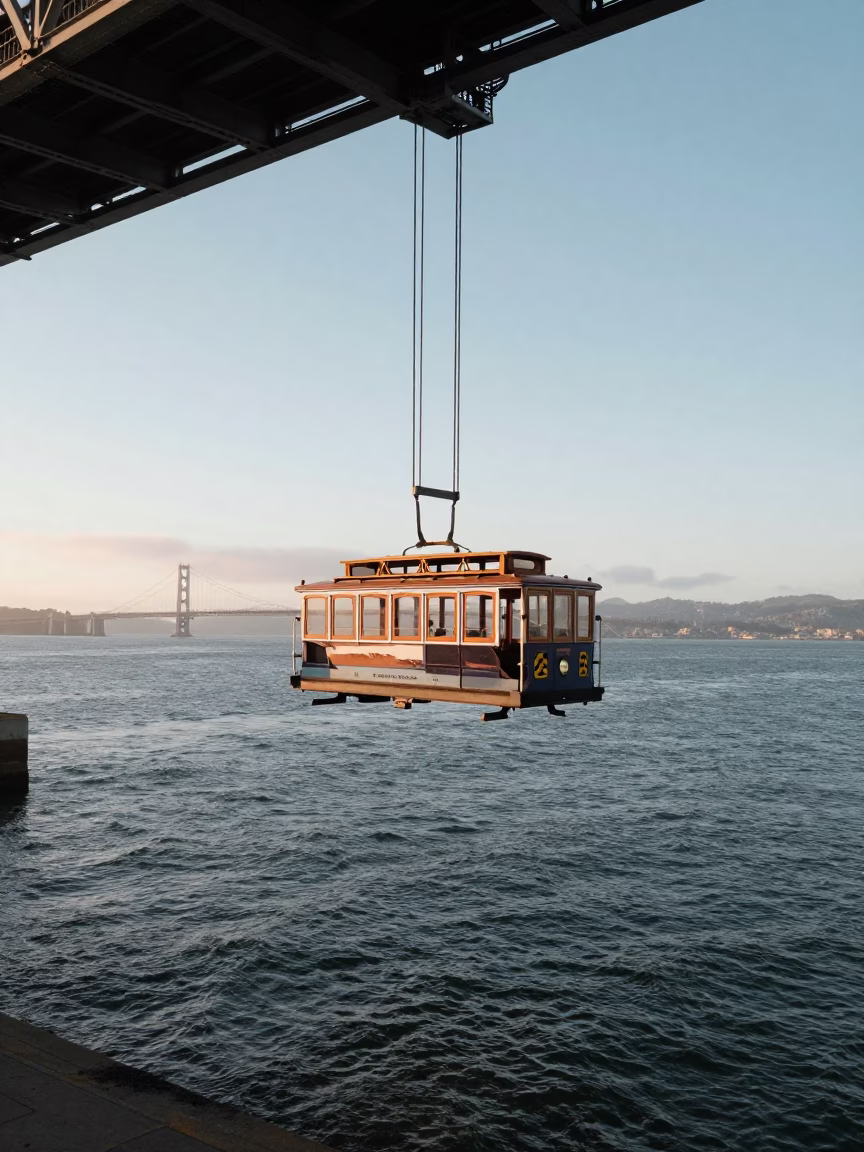 San Francisco Cable Car Maintenance Cradle Hanging Over Bay Water Just After Sunrise in in San Francisco, California, United States