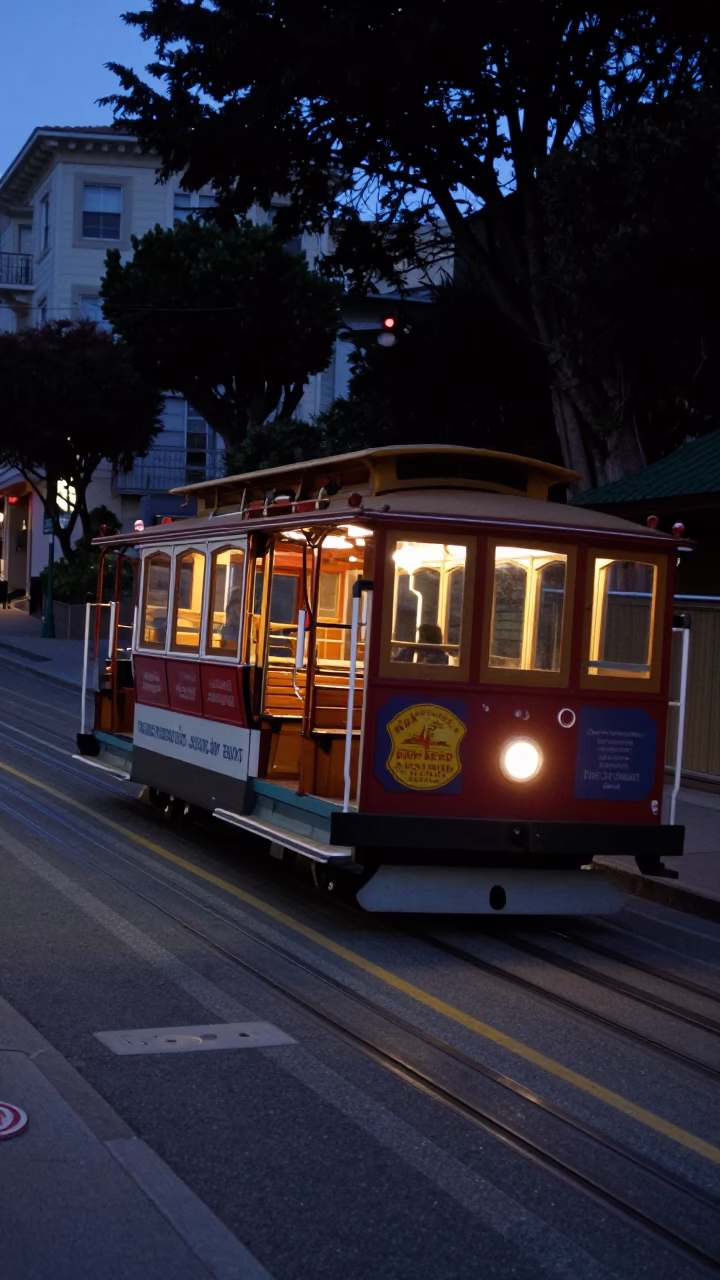 San Francisco Cable Car Navigating Steep Hill in Predawn Darkness in in San Francisco, California, United States