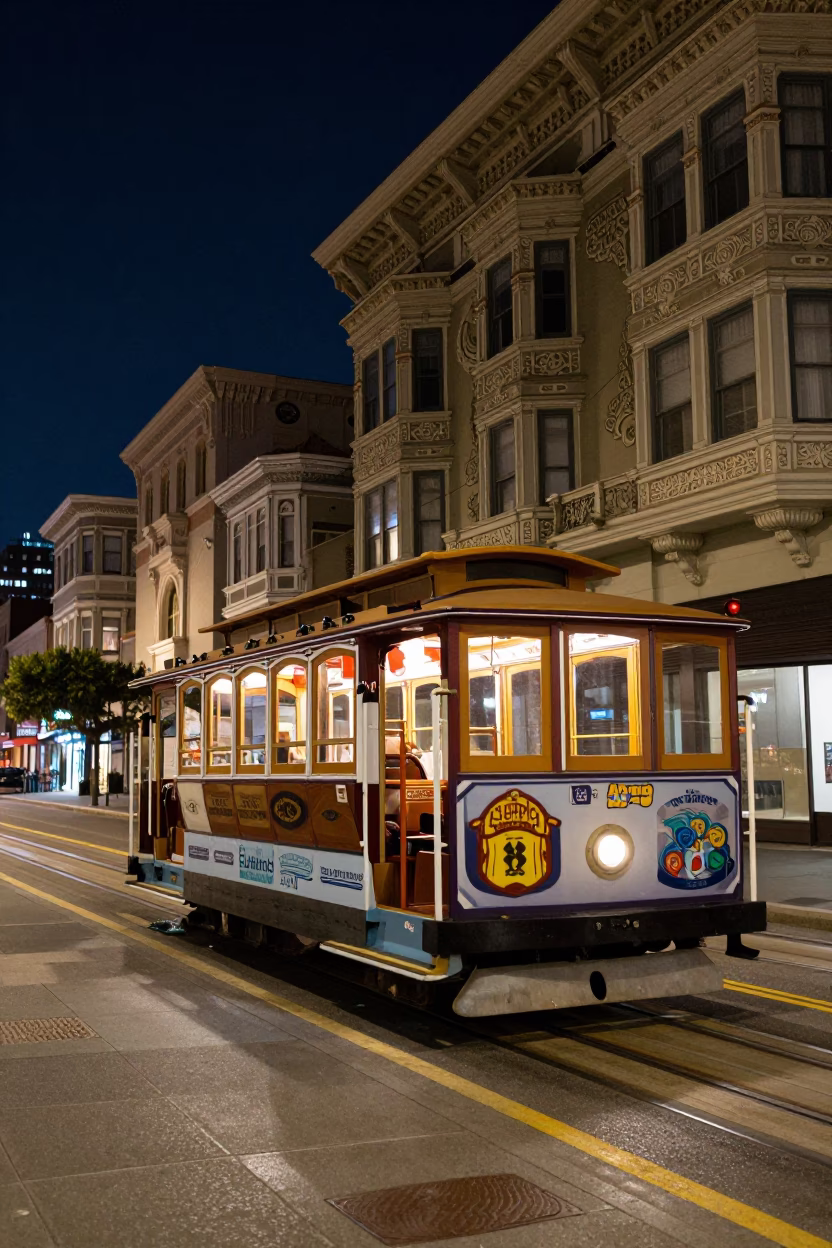 San Francisco Cable Car Night Street Scene with Art Nouveau Facades and Tram in in San Francisco, California, United States