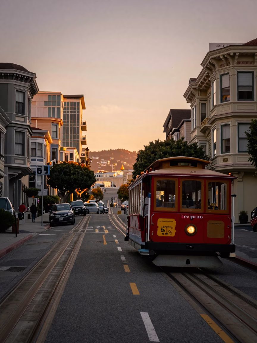 San Francisco Cable Car on Telegraph Hill at Sunset with Victorian Houses in in San Francisco, California, United States