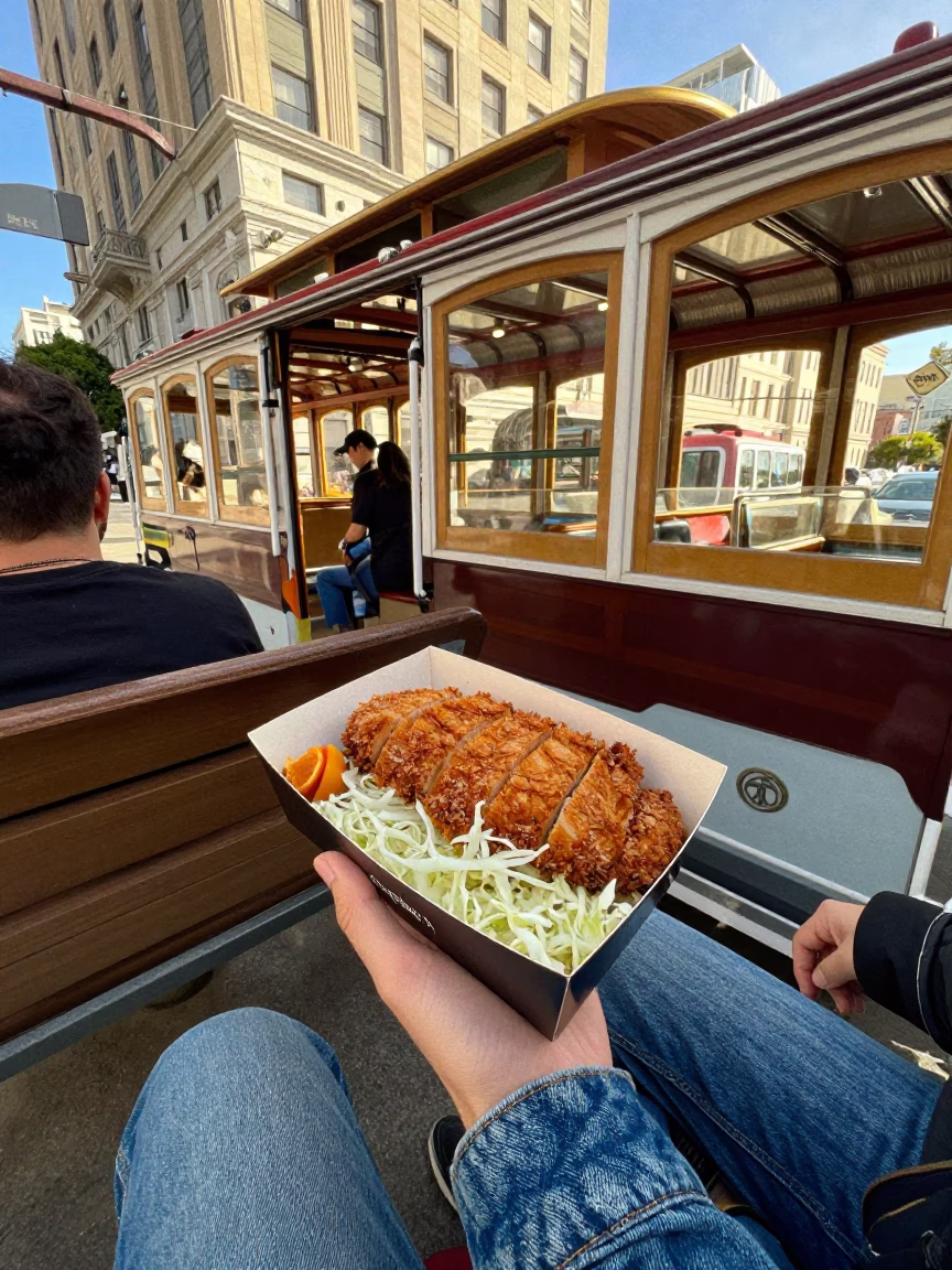San Francisco Cable Car Passenger Holding Lunch Box in Early Afternoon Sunlight in in San Francisco, California, United States