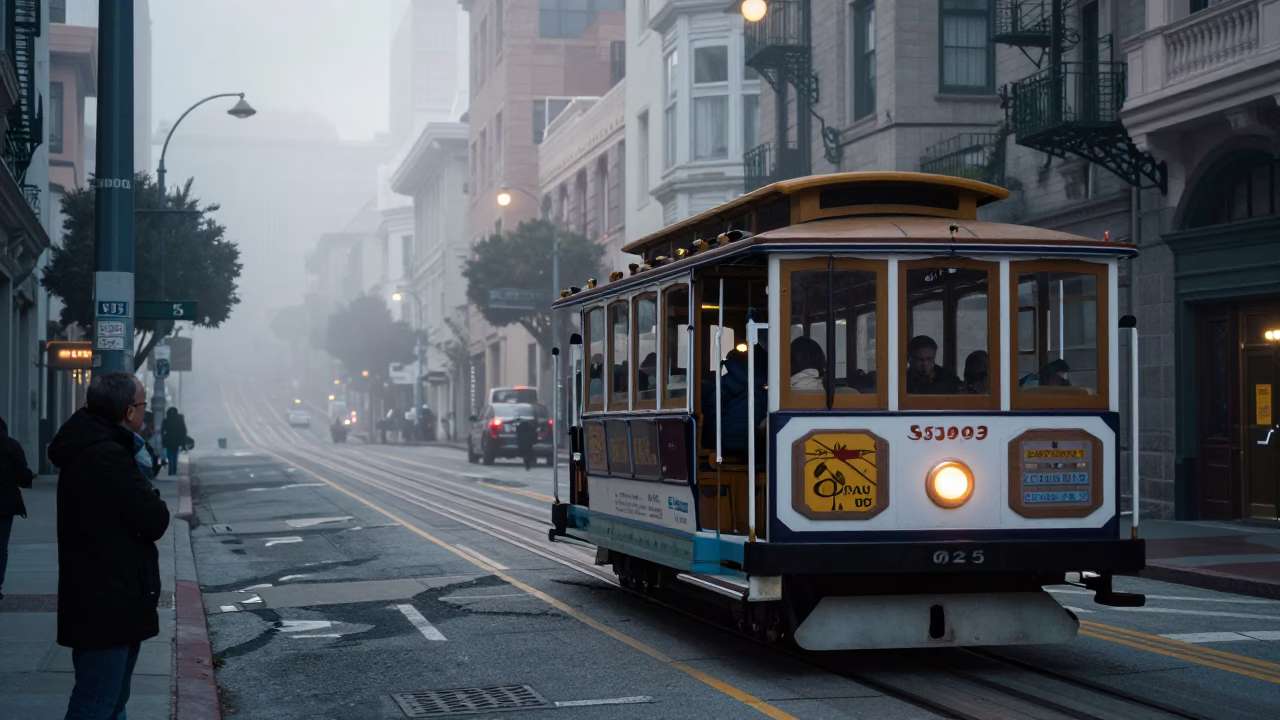 San Francisco Cable Car Passengers and Foggy Urban Street Scene Before Sunrise in in San Francisco, California, United States