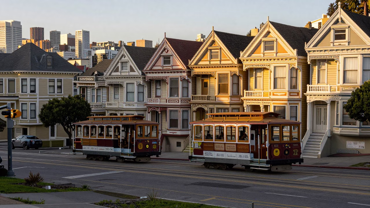 San Francisco Cable Car Passing Victorian Houses at First Light in California in in San Francisco, California, United States