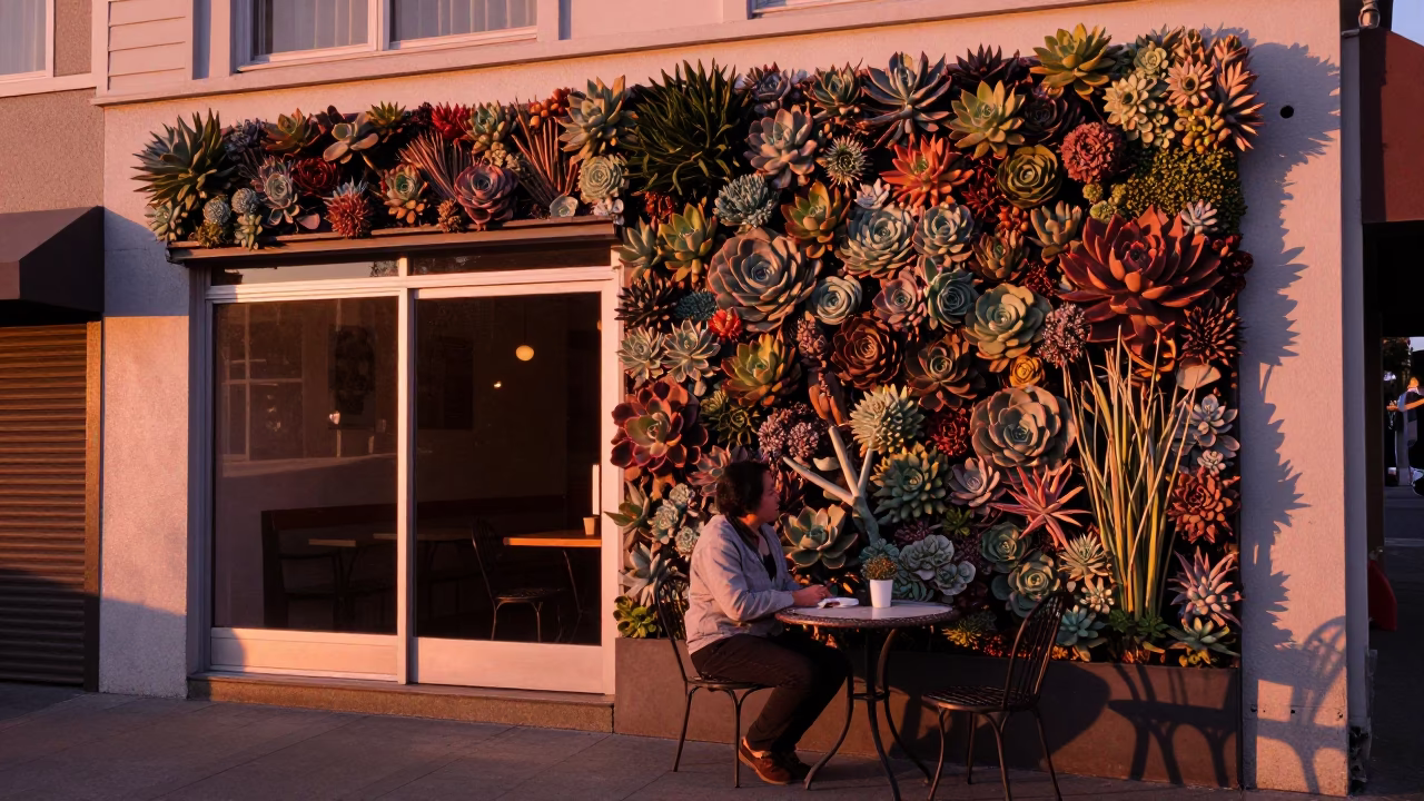 San Francisco Cafe Exterior at Dusk with Living Succulent Wall and Vietnamese Egg Coffee in in San Francisco, California, United States