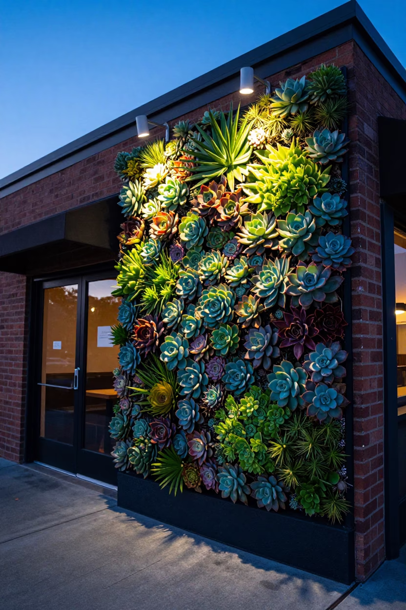 San Francisco Cafe Exterior Living Wall of Succulents at Twilight in in San Francisco, California, United States