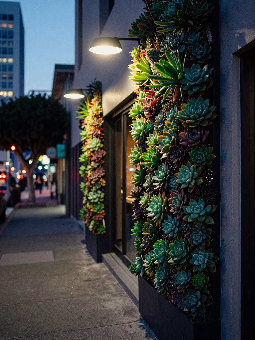 San Francisco Cafe Exterior with Living Succulent Wall at Twilight City Lights in in San Francisco, California, United States