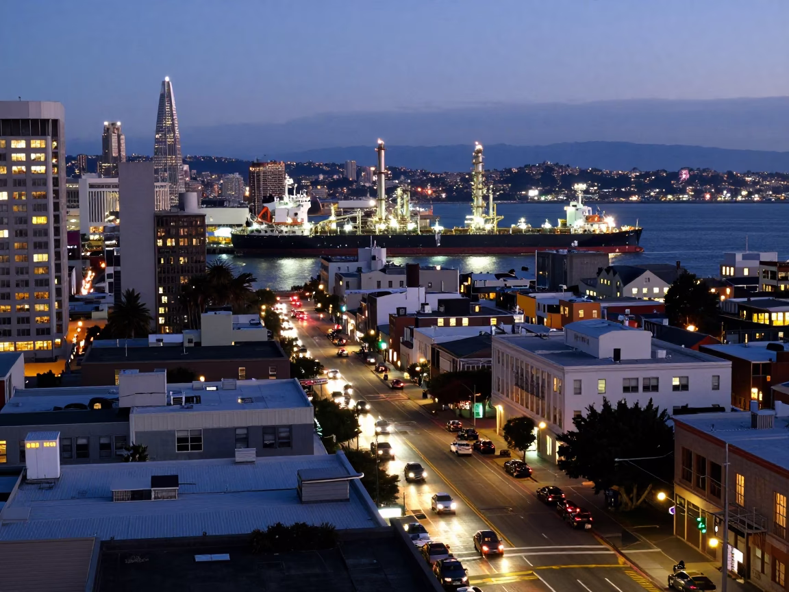 San Francisco City Lights and Harbor Activity at Dusk with Tanker Ship in in San Francisco, California, United States