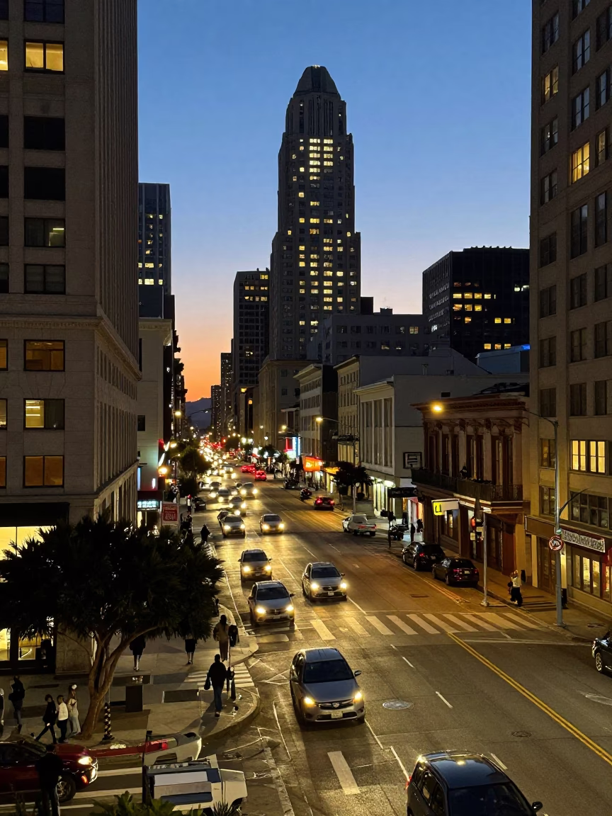 San Francisco City Lights Glow Over Busy Downtown Street Scene at Dusk in in San Francisco, California, United States