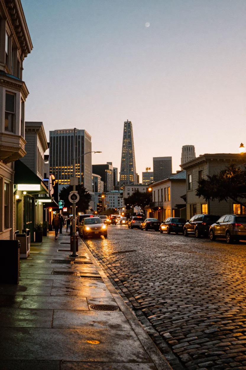 San Francisco City Lights Glow Over Cobblestone Street with Espresso Cup and Basket in in San Francisco, California, United States
