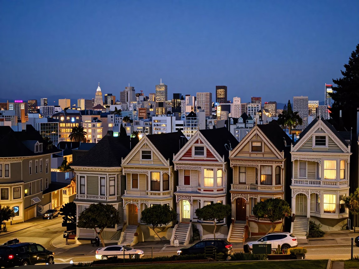 San Francisco City Lights Glow Over Victorian Houses and Street Scene in in San Francisco, California, United States