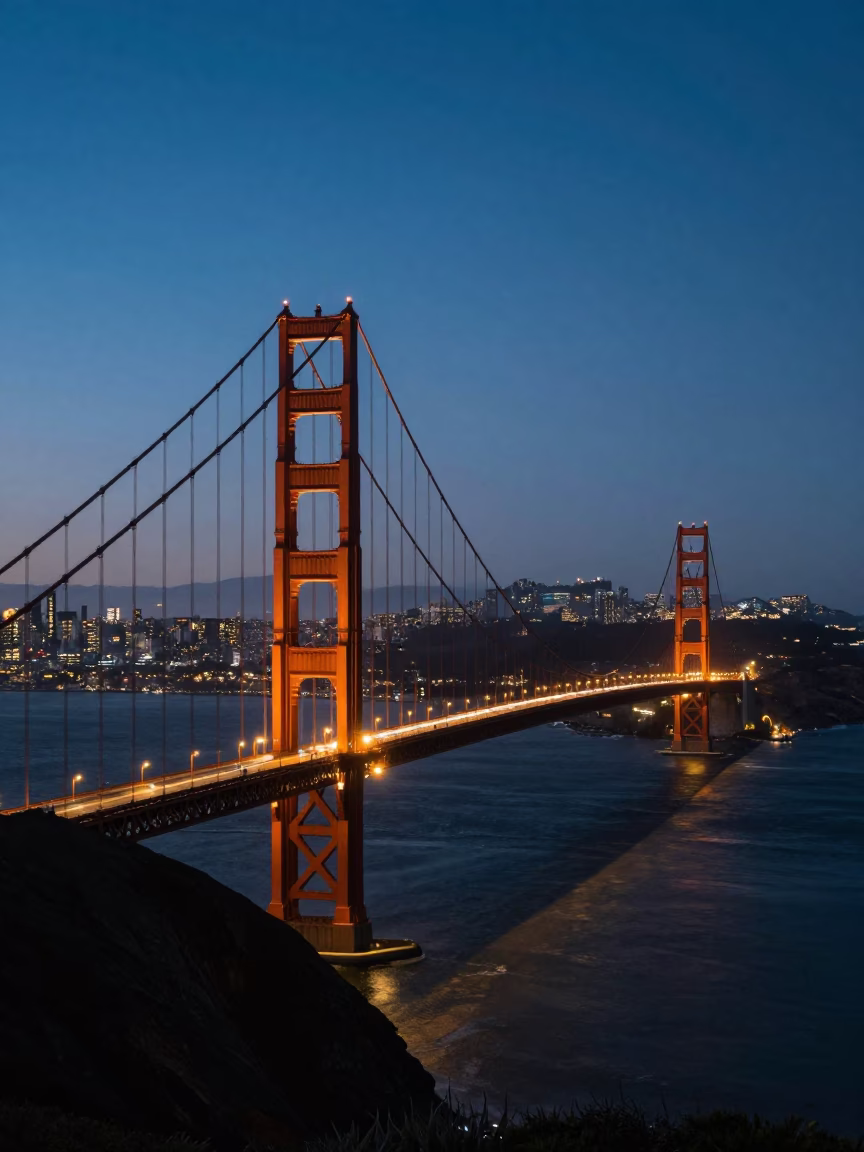 San Francisco Cityscape Dusk with Golden Gate Bridge Lights and Urban Street Scene in in San Francisco, California, United States