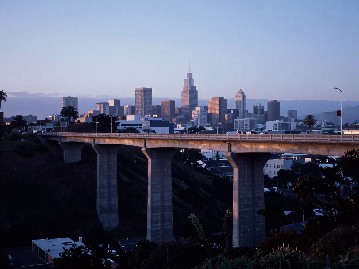 San Francisco Concrete Viaduct and Urban Hillside Before Sunrise in in San Francisco, California, United States