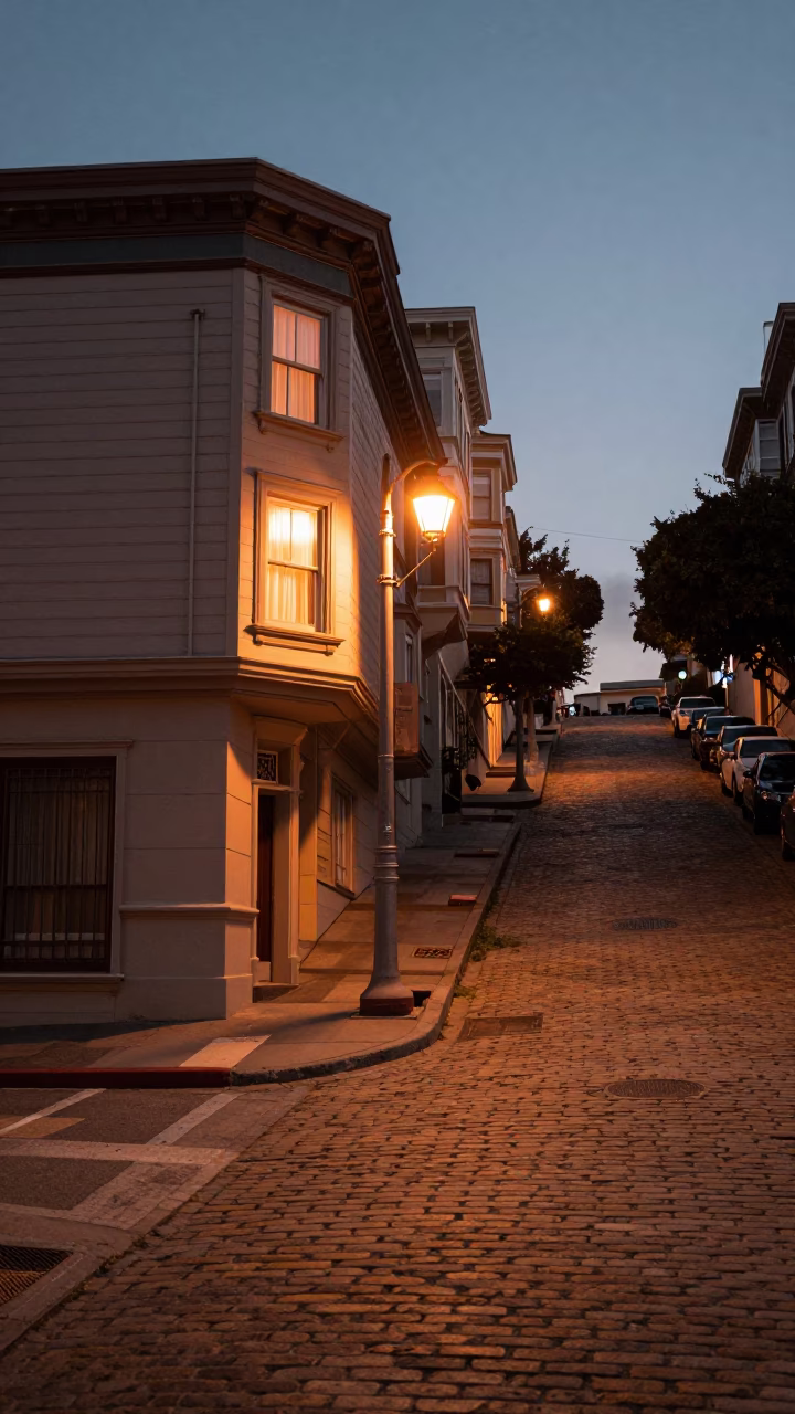 San Francisco Copper Dusk Street Scene with Window Light and Urban Details in in San Francisco, California, United States