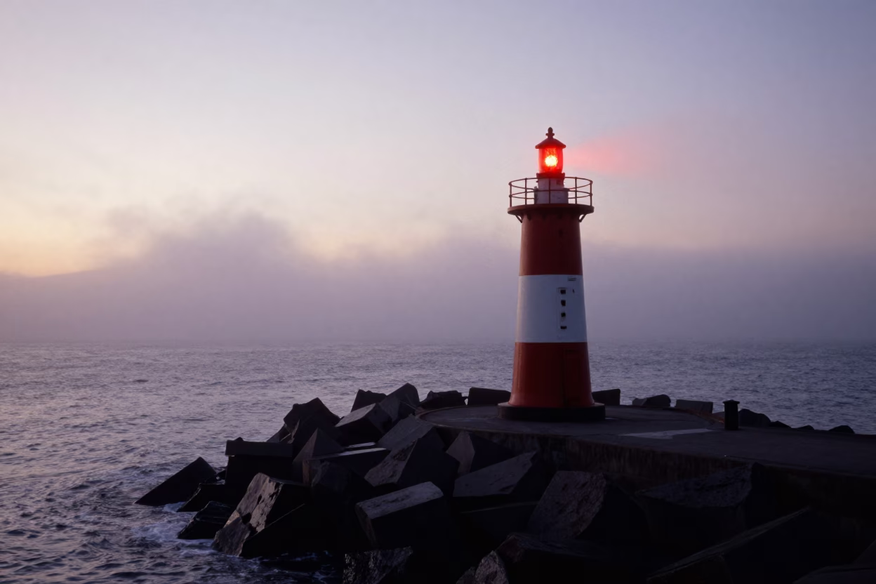 San Francisco Dawn Breakwater Beacon Blinking Through Sea Mist Before Sunrise in in San Francisco, California, United States