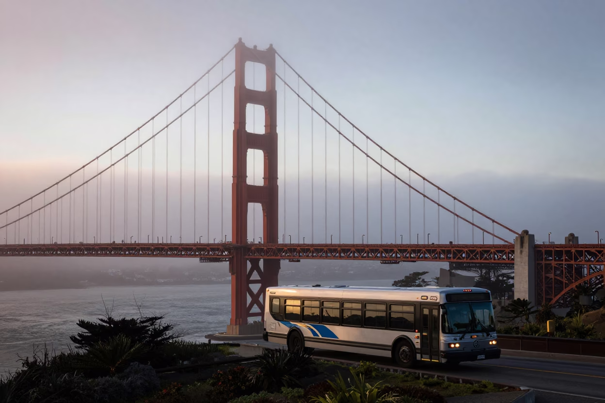 San Francisco Dawn Fog Over Golden Gate Bridge and Coastal Street Scene in in San Francisco, California, United States