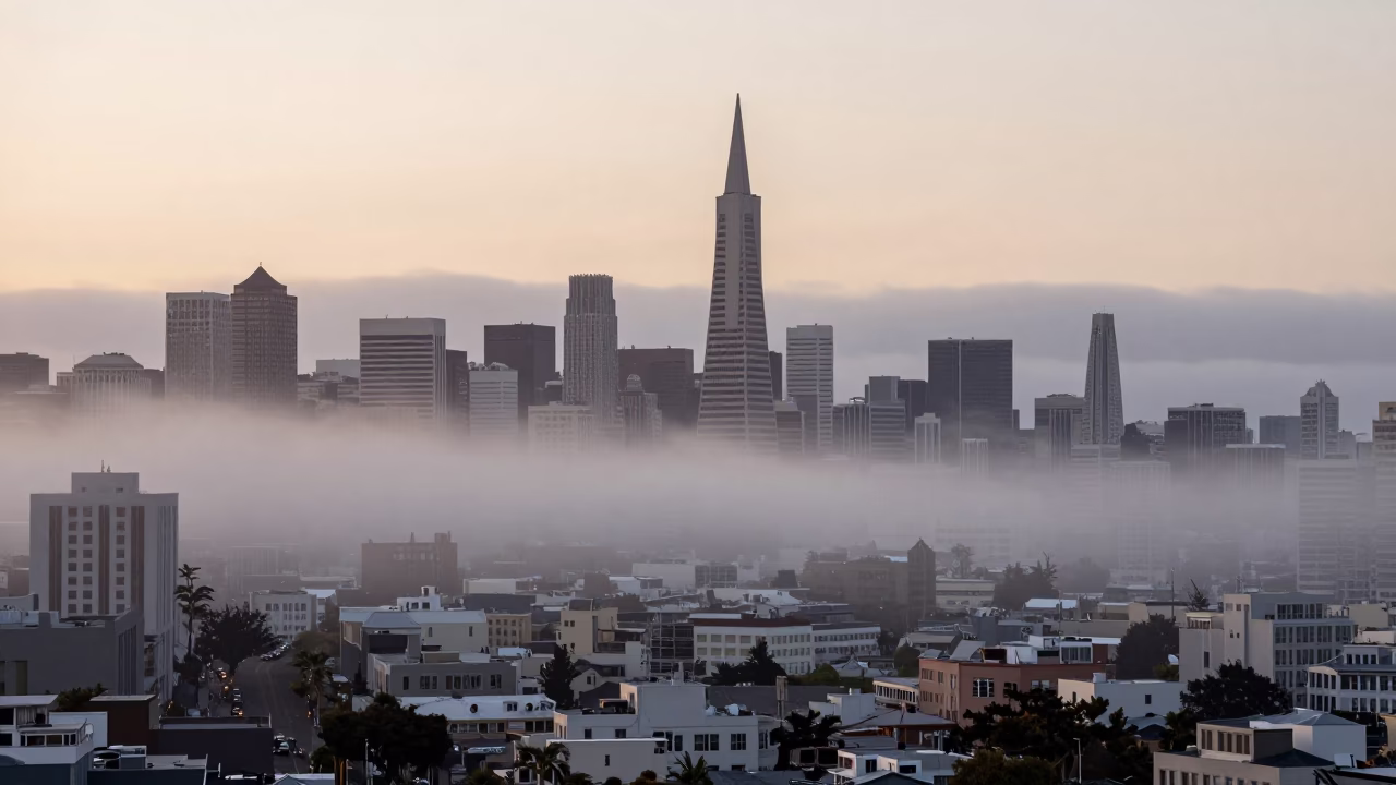 San Francisco Dawn Fog Overlooks City Skyline and Transamerica Pyramid at First Light in in San Francisco, California, United States