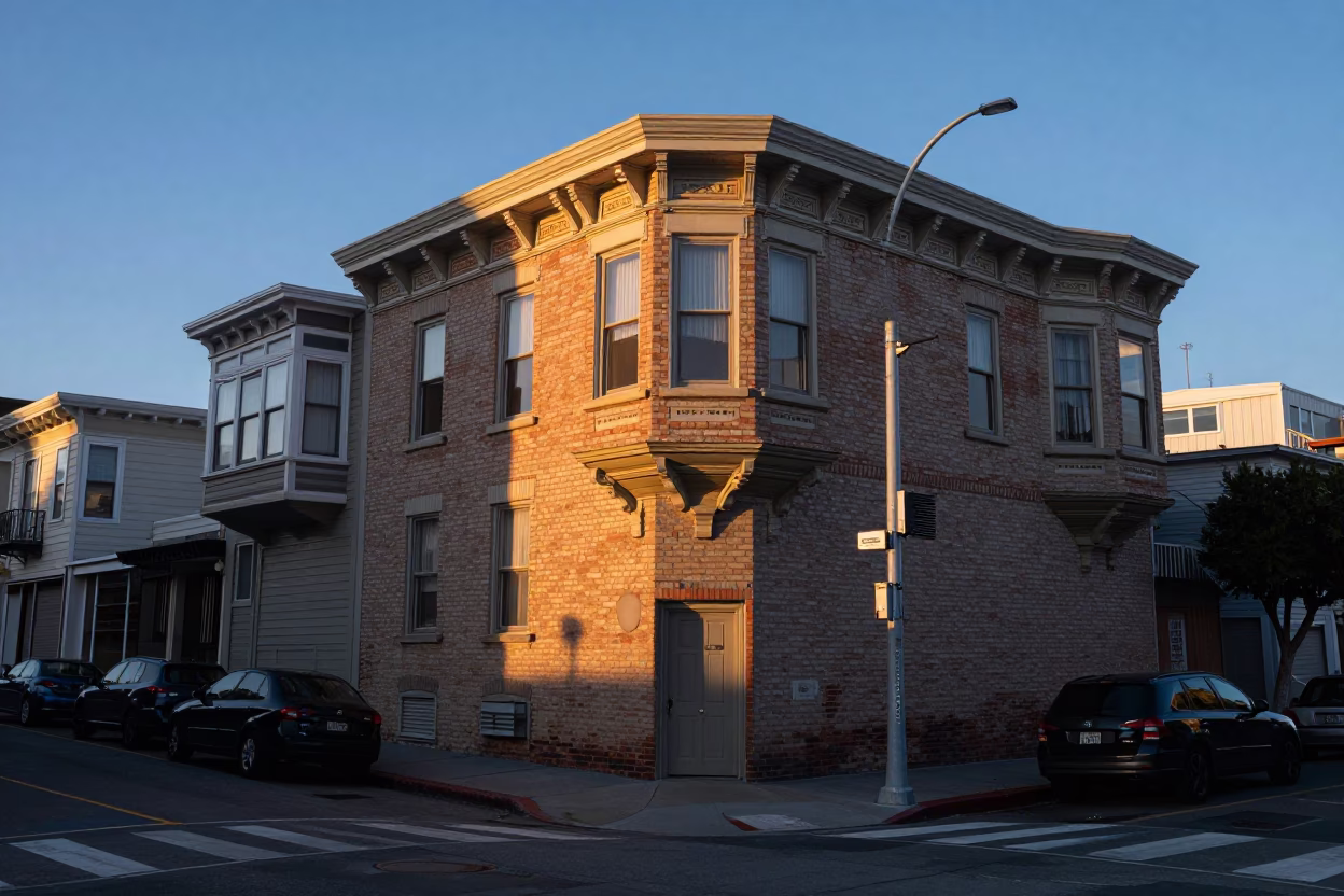 San Francisco Dawn Light Illuminates Colorful Street Scene with Latch and Glass Details in in San Francisco, California, United States