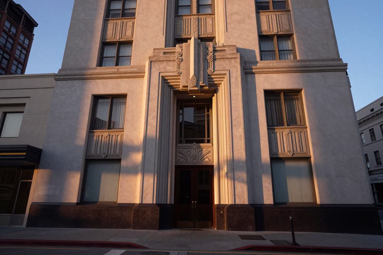 San Francisco Dawn Light on Art Deco Hotel Facade with Blankets and Measuring Tapes in in San Francisco, California, United States