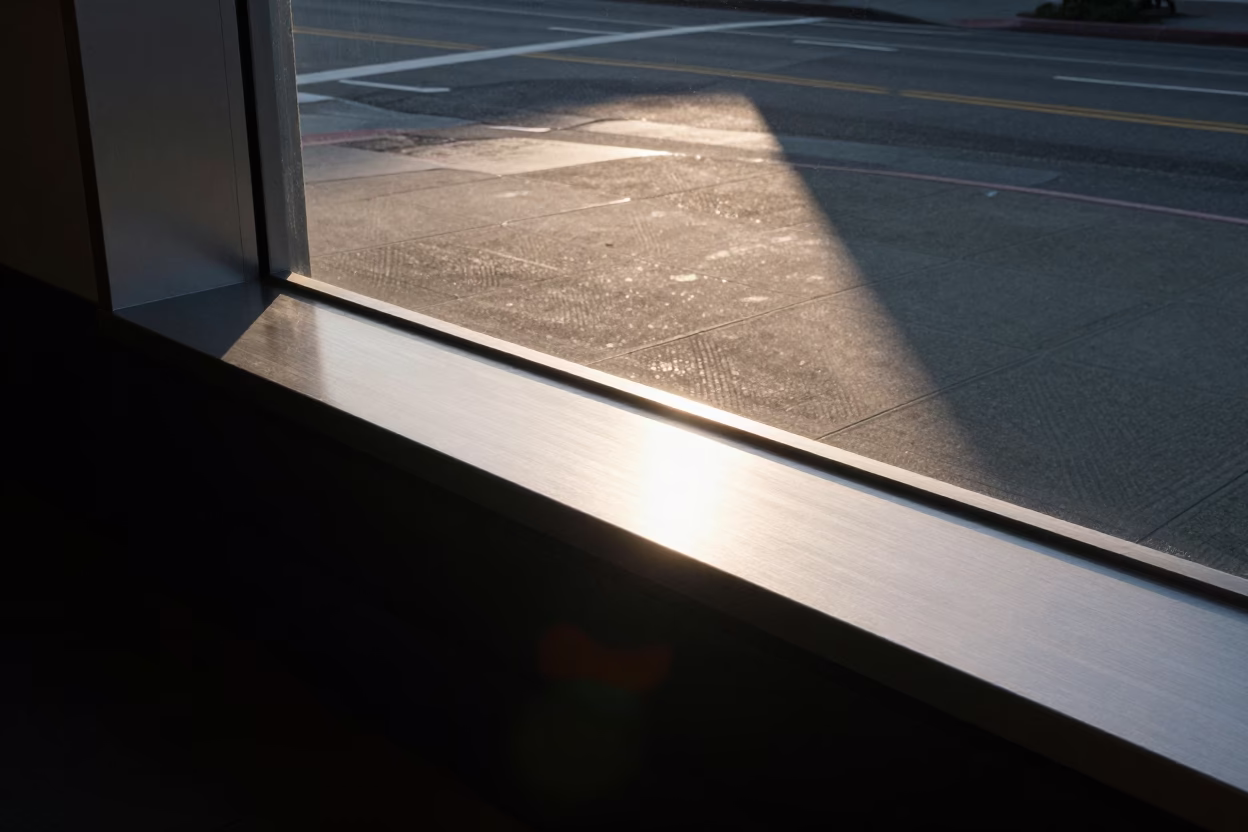 San Francisco Dawn Light on Brushed Steel Window Sill and Urban Street Corner in in San Francisco, California, United States