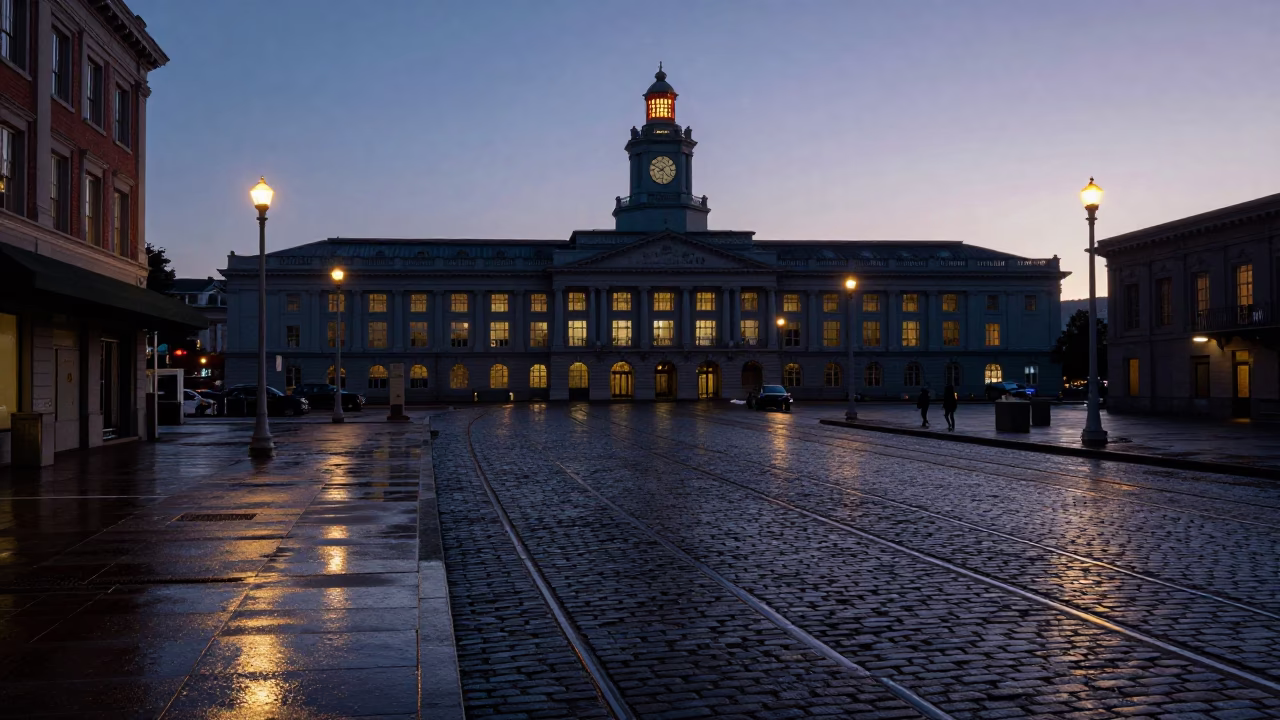 San Francisco Dawn Light on Ferry Building Monorail Track and Wet Cobblestones in in San Francisco, California, United States