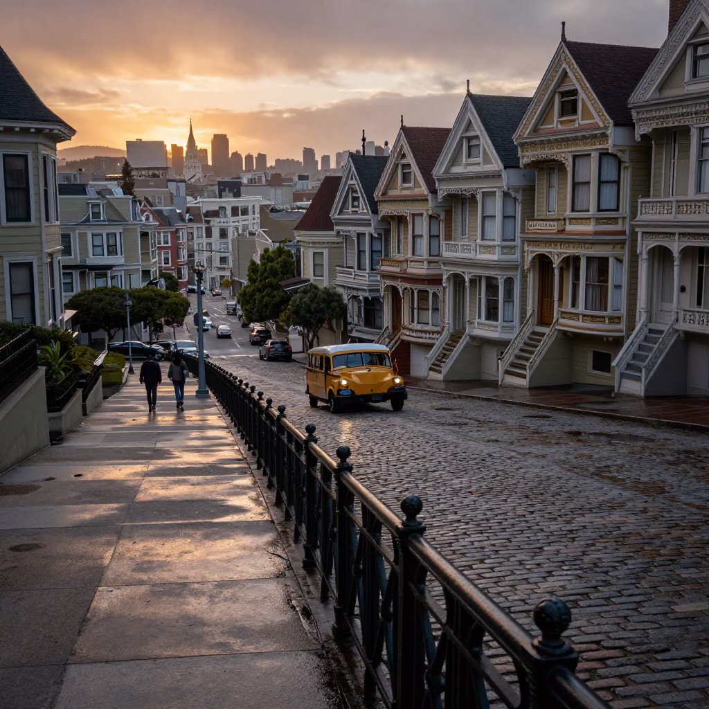 San Francisco Dawn Light on Victorian Street with Water Taxi and Canal Houseboats in in San Francisco, California, United States
