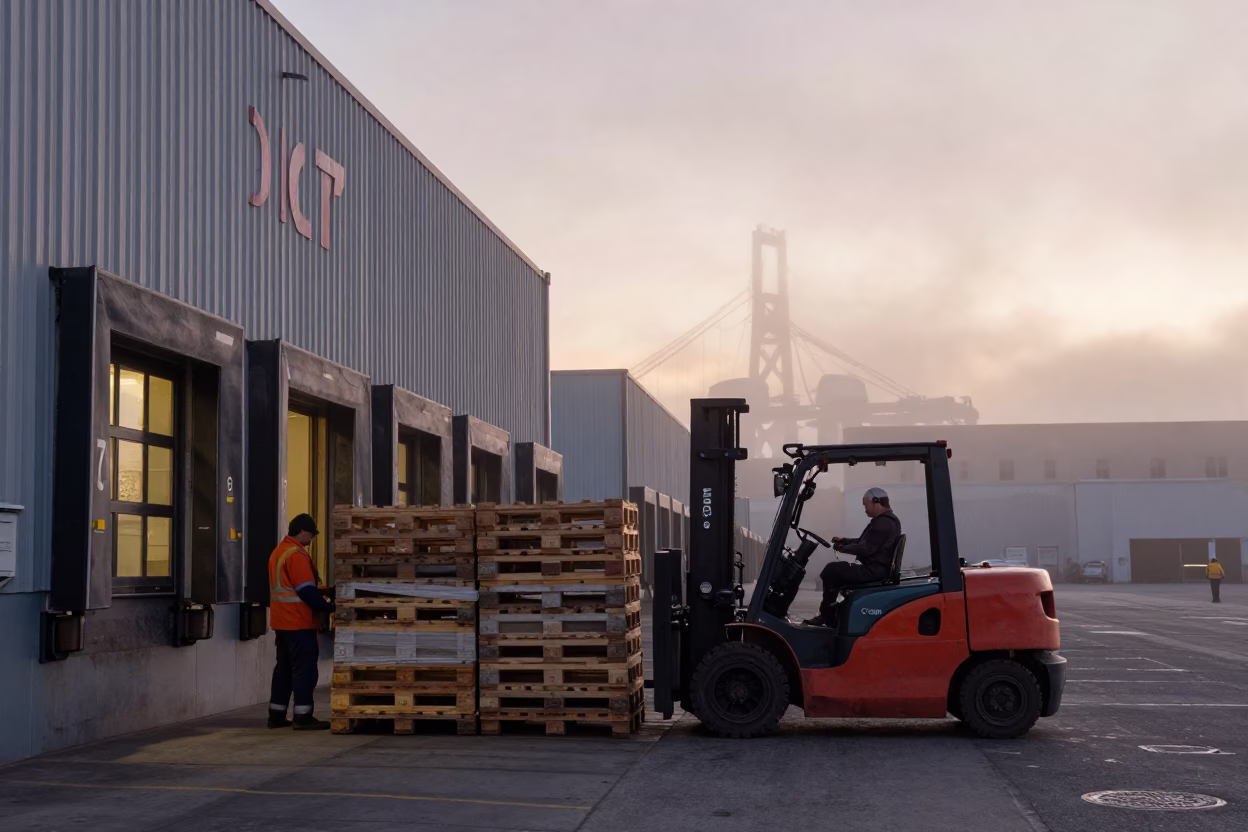 San Francisco Dawn Loading Dock Activity with Forklifts and Pallets Before Sunrise in in San Francisco, California, United States