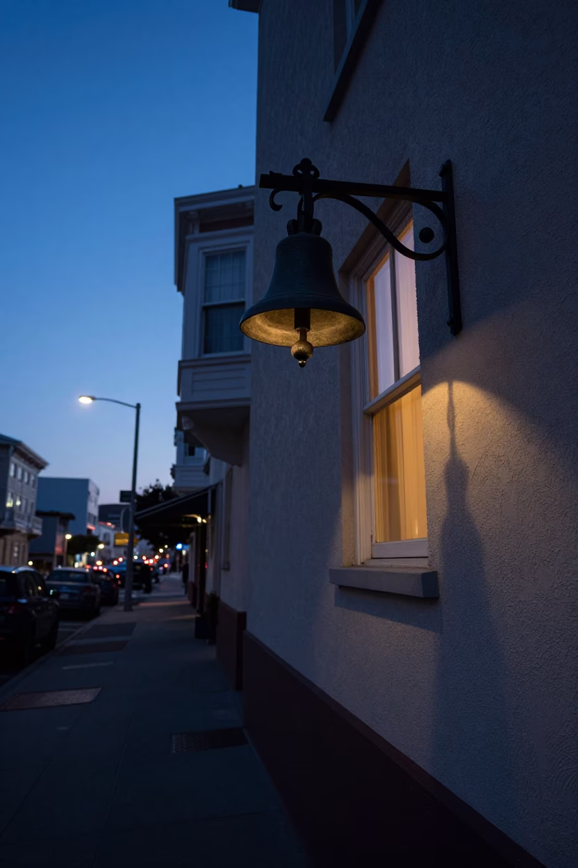 San Francisco dawn street scene with bell and window light on tile grout in in San Francisco, California, United States