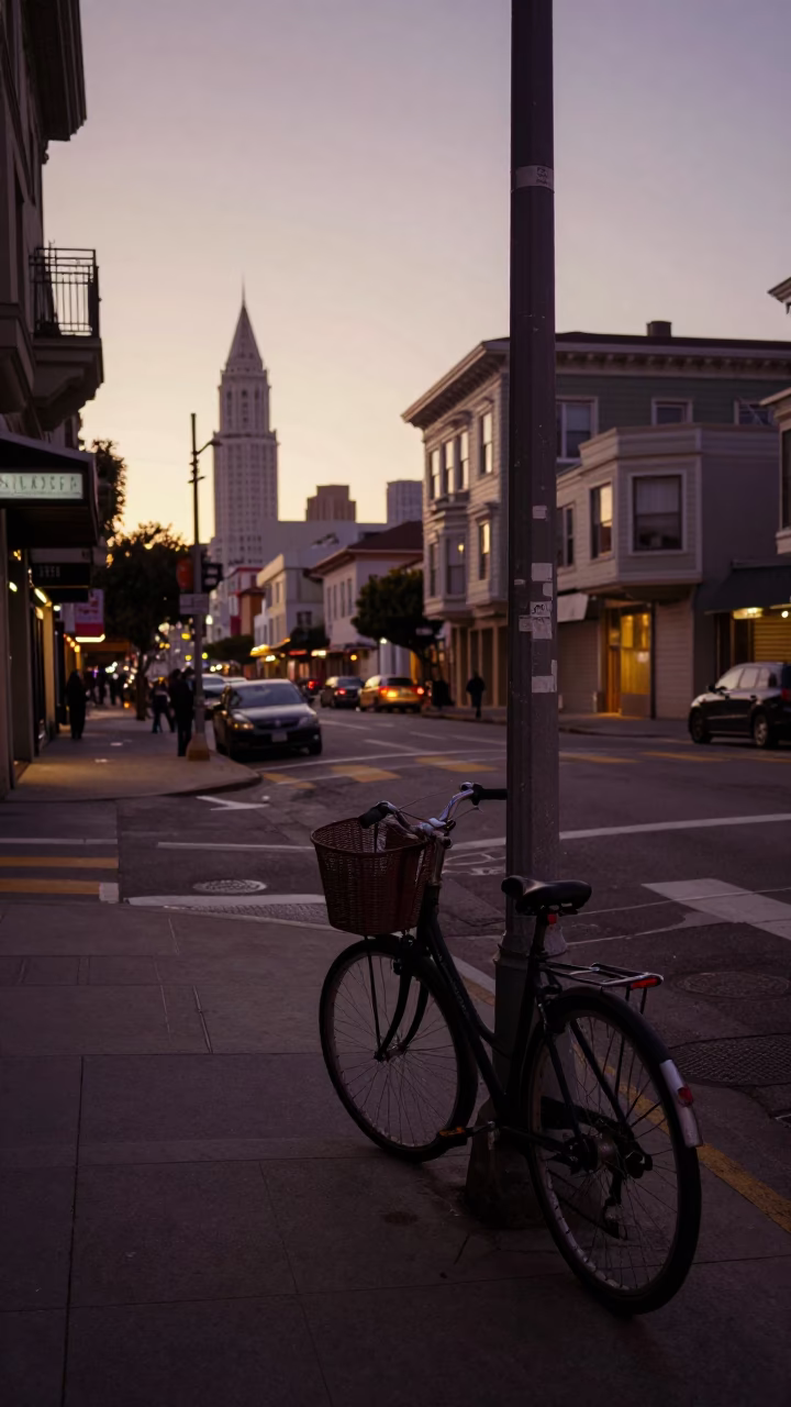 San Francisco Dawn Street Scene with Bicycle Basket and Urban Details in in San Francisco, California, United States