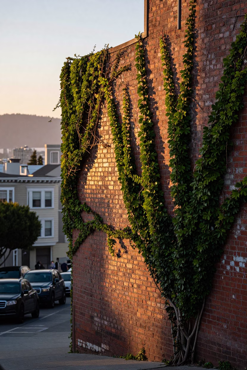 San Francisco Dawn Street Scene with Brick Wall and Ivy at First Light in in San Francisco, California, United States