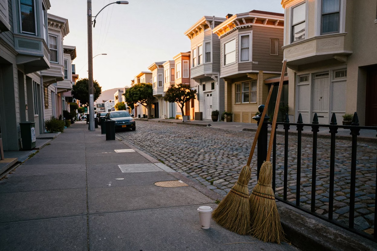 San Francisco Dawn Street Scene with Brooms and Coffee Cup in in San Francisco, California, United States
