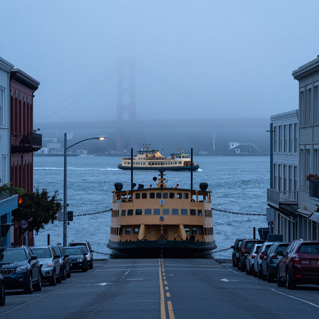 San Francisco Dawn Street Scene with Chain Ferry and Fog in in San Francisco, California, United States